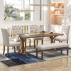 Farmhouse Dining Table Set 6 Piece Wood Rectangular Table With Upholstered Chairs And Bench - Walnut - Image 3