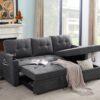 Mabel - Woven Fabric Sleeper Sectional With Cupholder, USB Charging Port nd Pocket - Dark Gray - Image 4