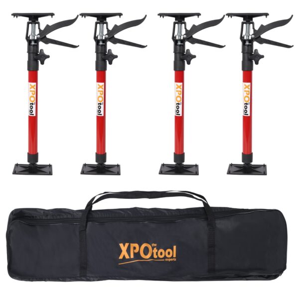 Steel Adjustable Support Pole 4 Pack With Carry Bag, Third Hand Support System For Drywalls And Cabinets, Extends 20 To 45" - Black / Red