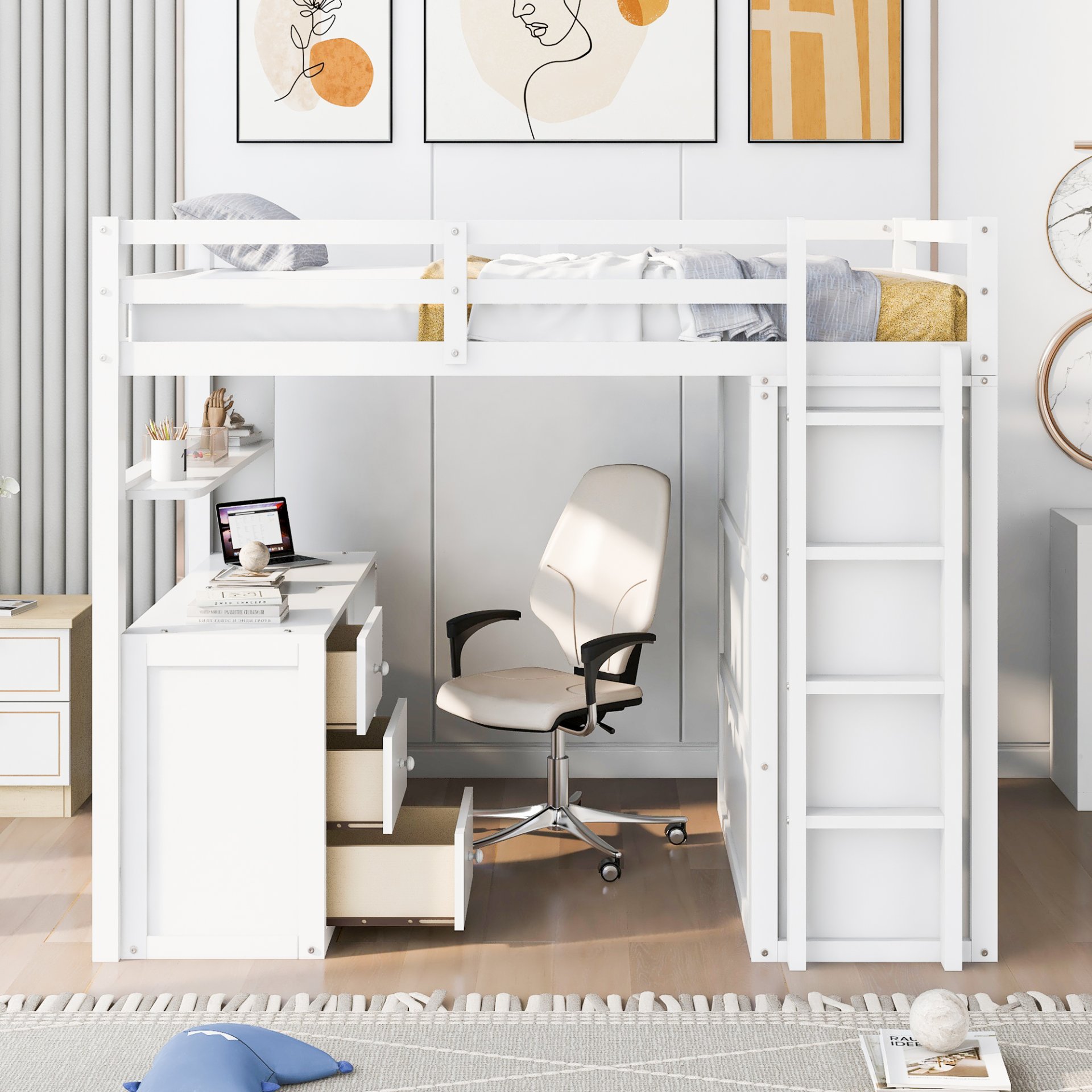 Full Size Loft Bed With Drawers, Desk, And Wardrobe - White - Image 3