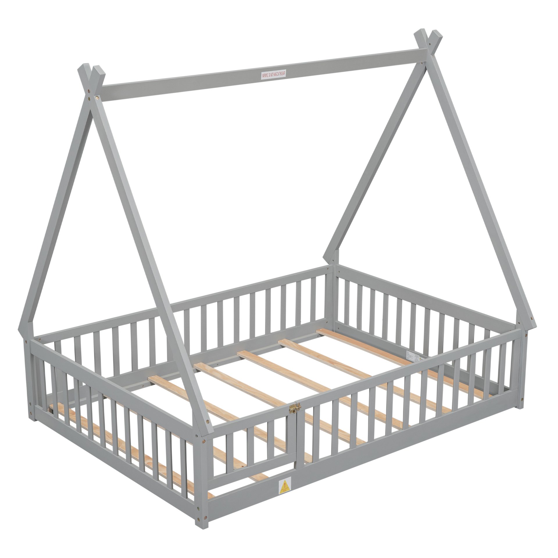 Full Tent-Shaped Floor Bed, With Guardrails, Slats, Door - Gray - Image 10