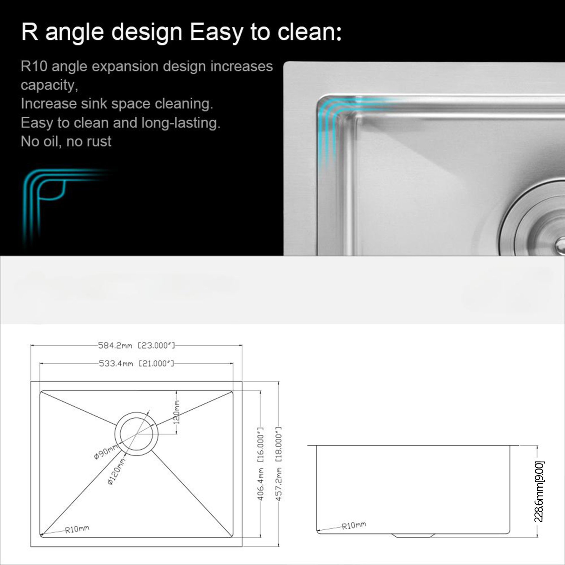23" Undermount Kitchen Sink, 16 Gauge, 9" Deep Single Bowl - Brushed Nickel - Image 5