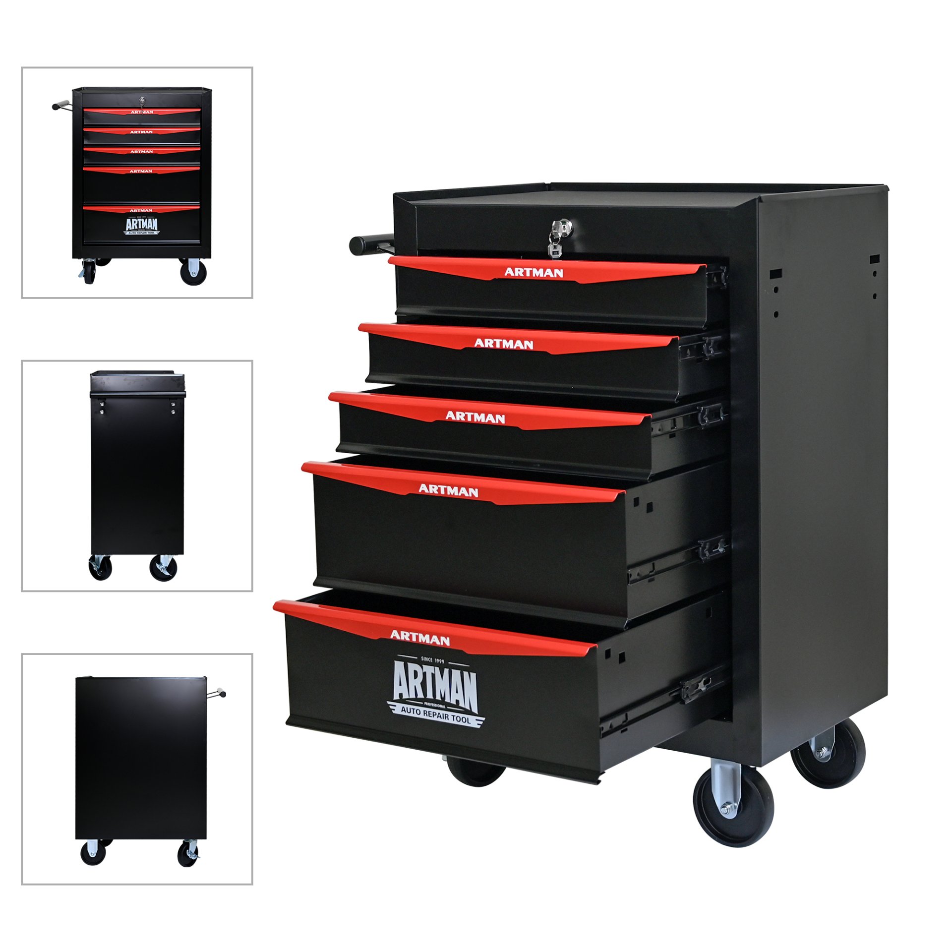 Rolling Metal Tool Chest With 5 Drawers, 20" Steel Storage Cabinet With Ball Bearing Slides - Black / Red - Image 6