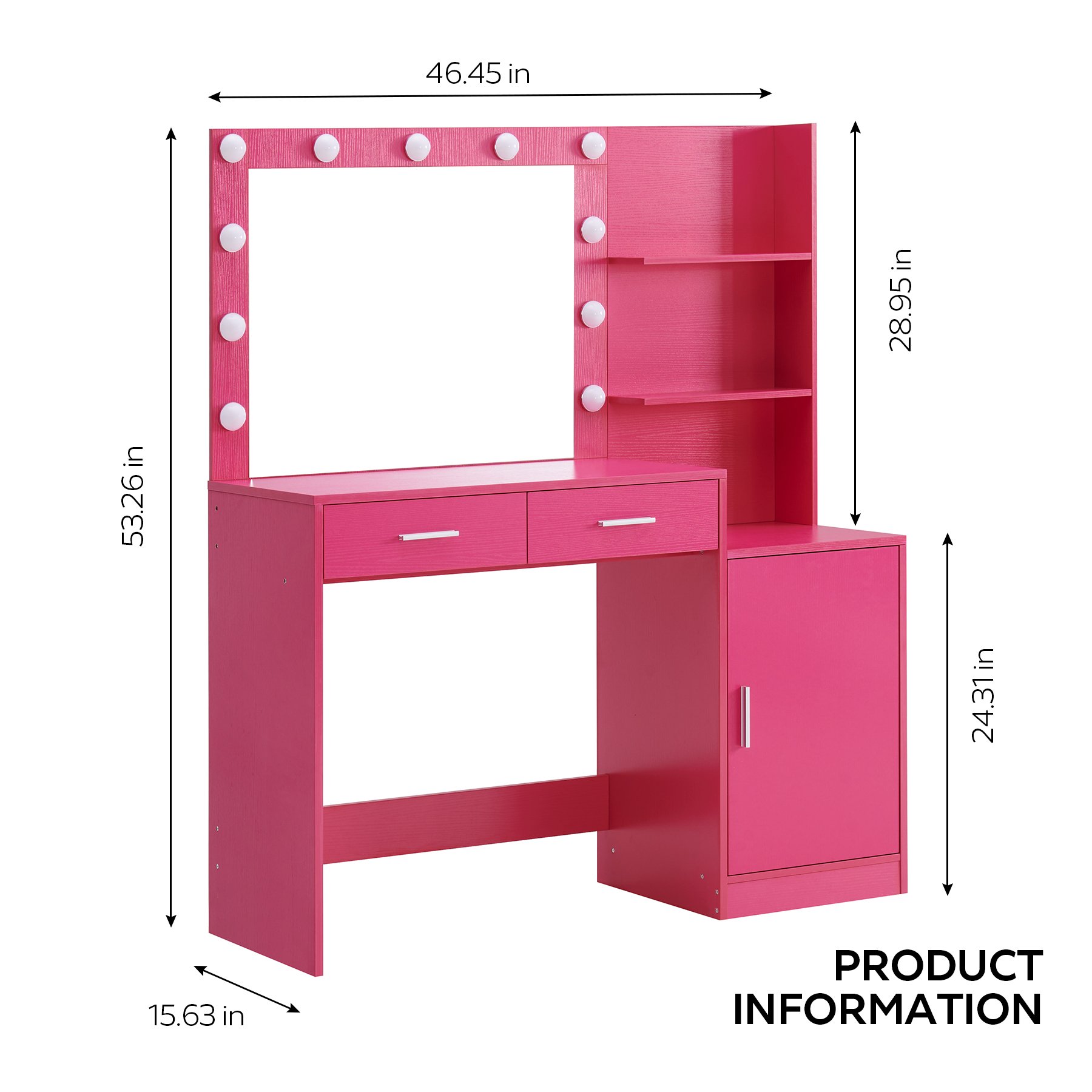 Vanity Desk With Mirror And Lights, 46.4In Dressing Table With 2 Large Drawer & Large Vertical Organizer, 3 Level Dresser & 3 Lighting Modes Adjustable Brightness, Suitable For Bedroom - Rose Pink - Image 3