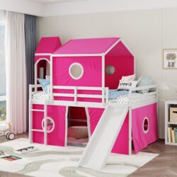 Full Size Loft Bed & Slide Tent And Tower - Pink