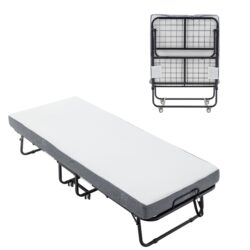 Folding Bed Cot With Mattress, Foldable Metal Frame Bed For Guest With Memory Foam Mattress On Wheels, Saving Space Rollaway Bed - Black