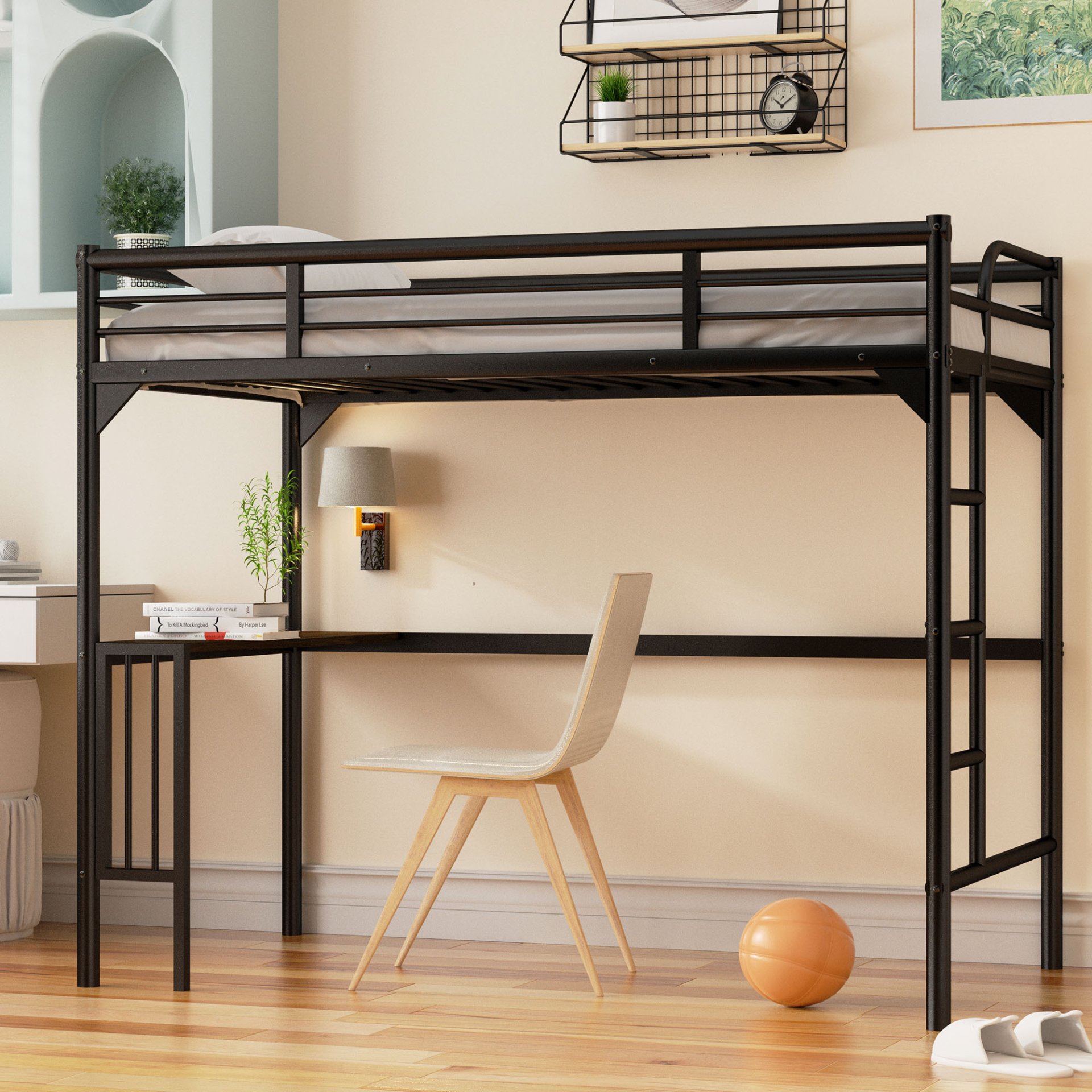Twin Metal Loft Bed With Desk, Ladder And Guardrails, Bookdesk Under Bed - Black - Image 4