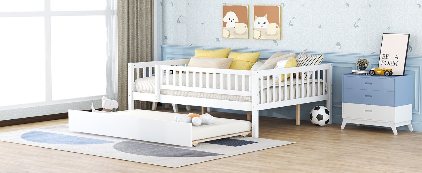 Full Size Daybed With Trundle And Fence Guardrails - White - Image 17