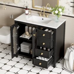 Bathroom Vanity With Two Soft Close Doors, Adjustable Shelves And Three Drawers - Black