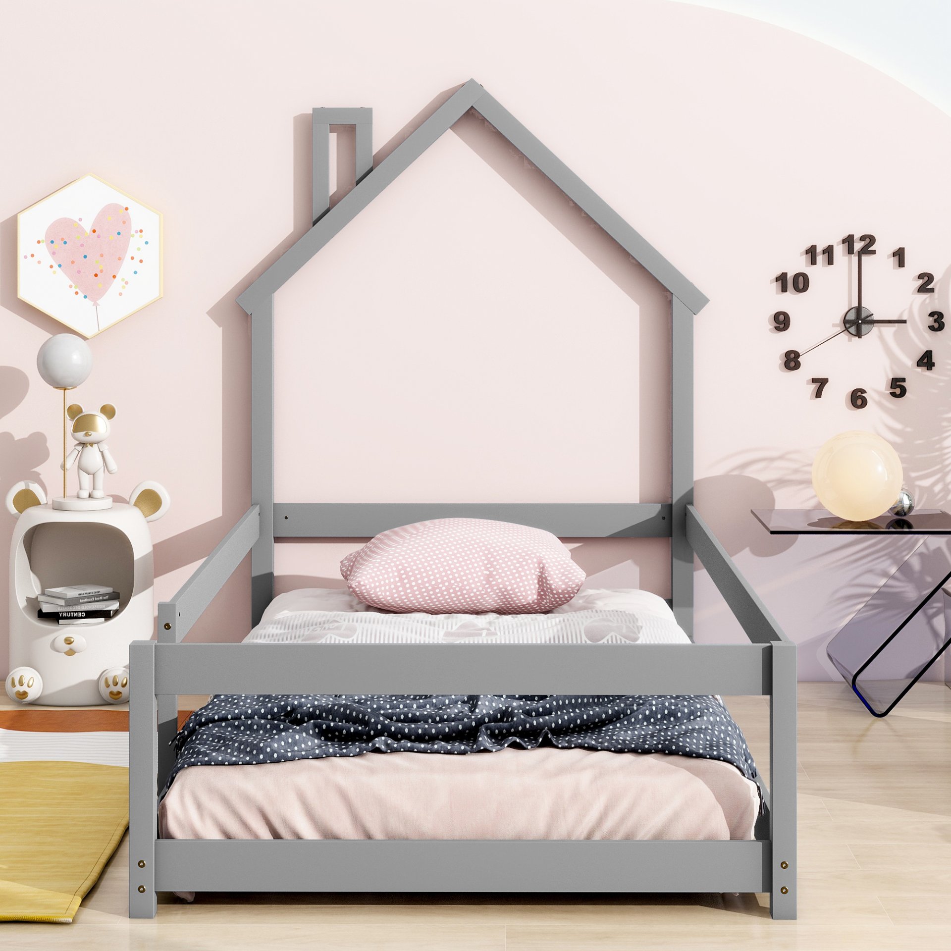 Twin Size Wood Bed With House-Shaped Headboard Floor Bed With Fences - Gray - Image 2
