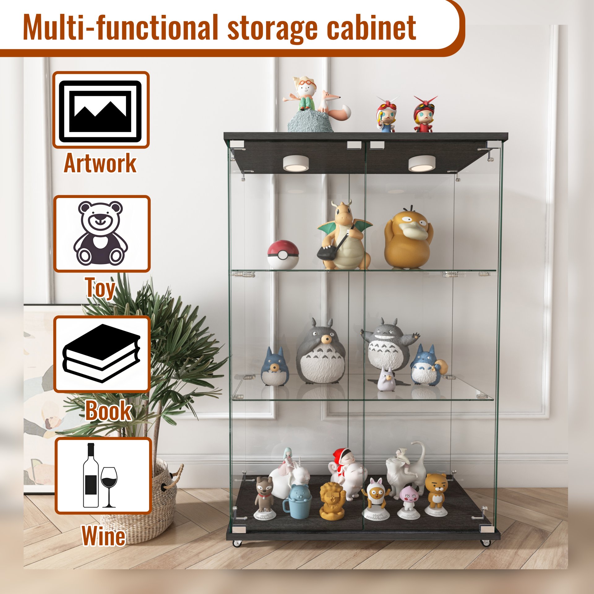 Modern Display Cabinet With LED Lights, Tempered Glass 2 Door Storage Case With 3 Shelves For Living Room Or Bedroom - Transparent - Image 10