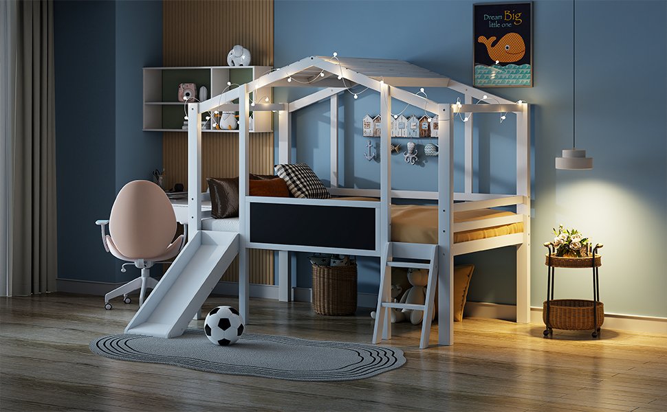 Twin Size Loft House Bed With Ladder And Slide, With Blackboard And Light Strip On The Roof - White - Image 19