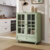 Buffet Cabinet With Double Glass Doors And Drawer, Storage Sideboard Cupboard - Green - Image 2