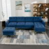 Elegant Convertible L - Shape Sectional Sofa Couch With Movable Ottoman, Velvet Upholstery - Blue - Image 21