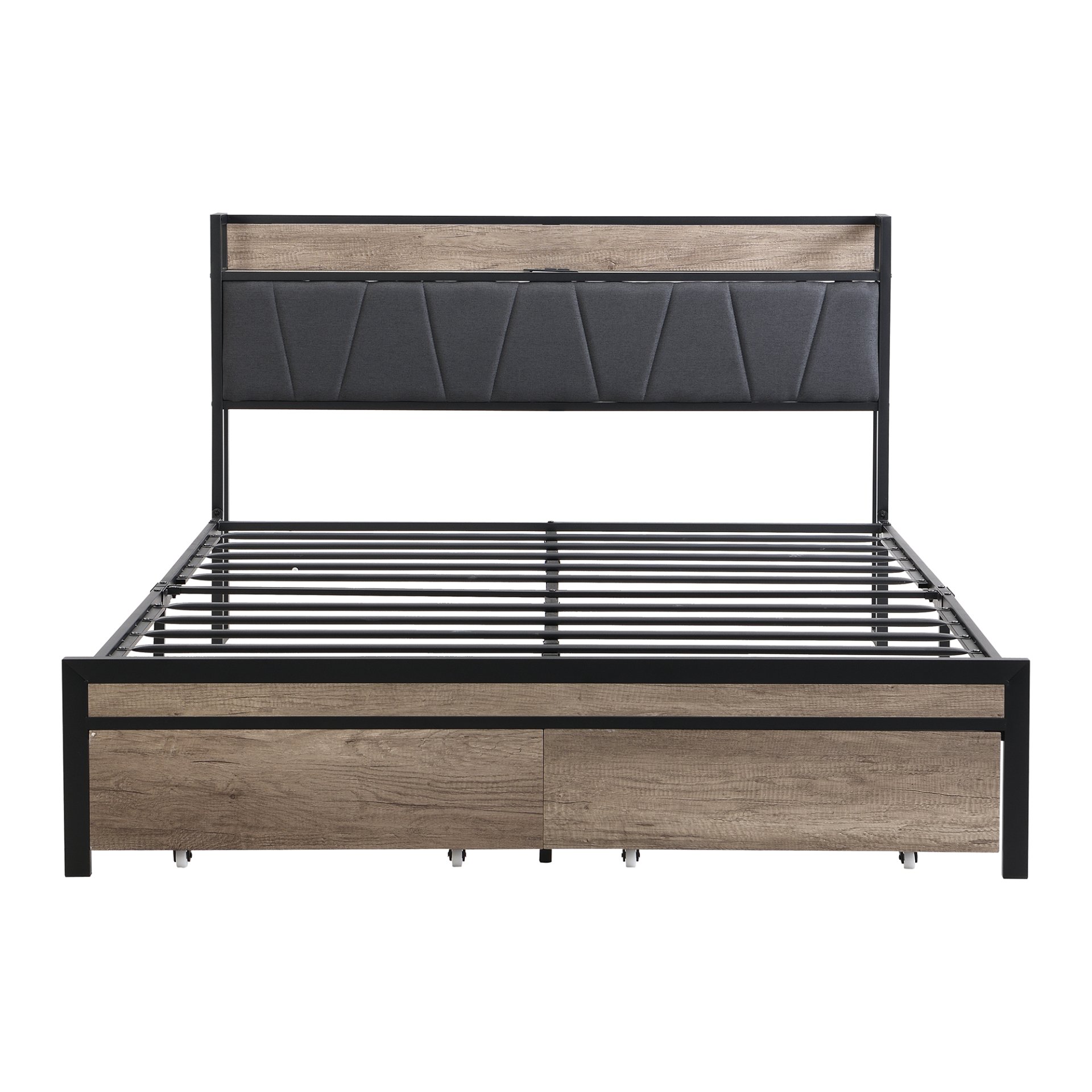 Modern Full Size Metal Platform Bed Frame With Upholstery Storage Headboard USB Liner & Footboard Drawers & - Black / Gray - Image 5