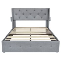 Modern Upholstered Full Size Bed Frame With Gas Lift Storage, Wingback Headboard, USB Ports - Light Gray