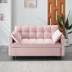 Modern Velvet Sofa, Sofa Pull-Out Bed, Small Love Seat Casual Sofa With Back, With Pillow, Pockets, Living Room Furniture, 3 In 1 Convertible Sleep Sofa Bed - Pink