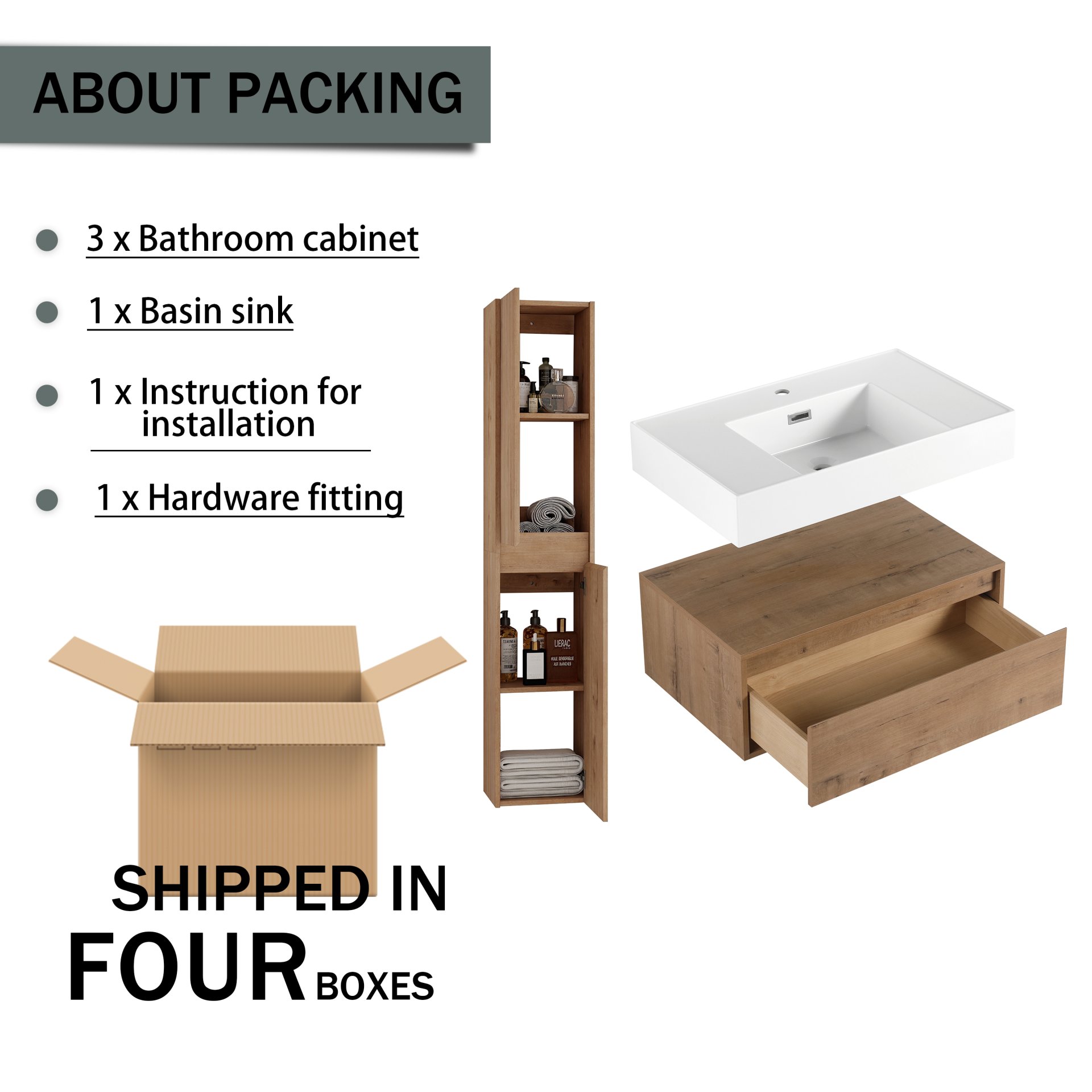 Modern Wall Mounted 30 Inch Bathroom Vanity With Resin Sink And 2 Side Cabinet In Imitative - Imitative Oak - Image 5