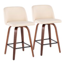 Toriano - Mid-Century Modern Fixed Height Counter Stool With Square Footrest (Set of 2) - Walnut / Cream