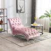 Velvet Chaise Lounge Indoor, Button Tufted Upholstered Chaise Lounge Chair With Pillow - Pink - Image 2