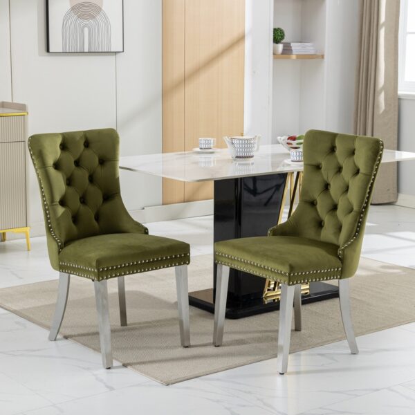 Nikki - Modern, High-End Tufted Solid Wood Contemporary Velvet Upholstered Dining Chair With Chrome Stainless Steel Plating Legs, Nailhead Trim (Set of 2) - Olive Green / Chrome
