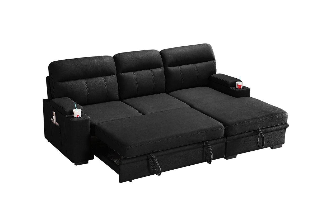 Kaden - Sleeper Sectional Sofa Chaise With Storage Arms And Cupholder - Black - Image 7