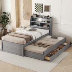 Twin Size LED Platform Bed With Trundle With Storage Headboard With Drawers - Gray