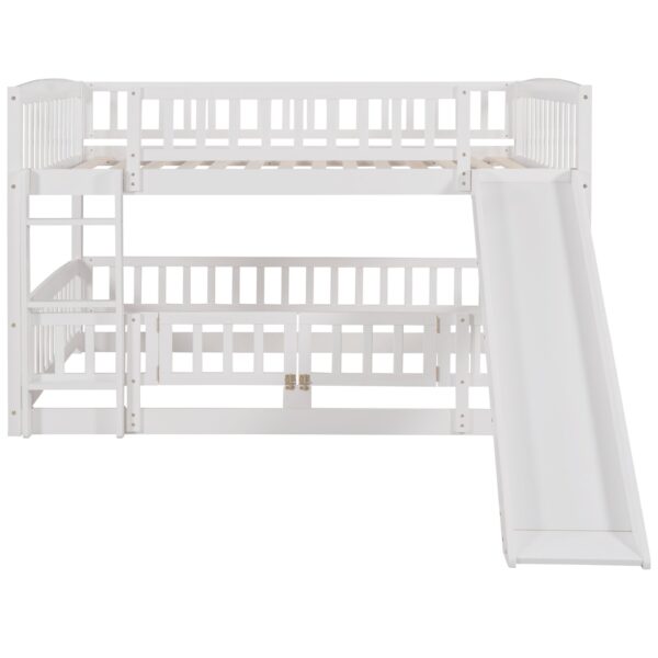 Full Over Full Low Bunk Bed With Slide, Fence And Ladder For Toddler - White