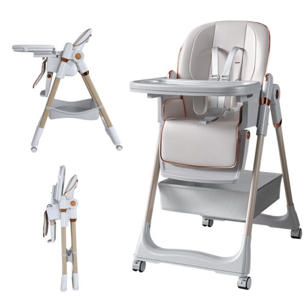 Adjustable Baby High Chair 0 - 6 Years, Portable Infant Feeding Seat With Safety Belt, Silent Lockable Wheels - White