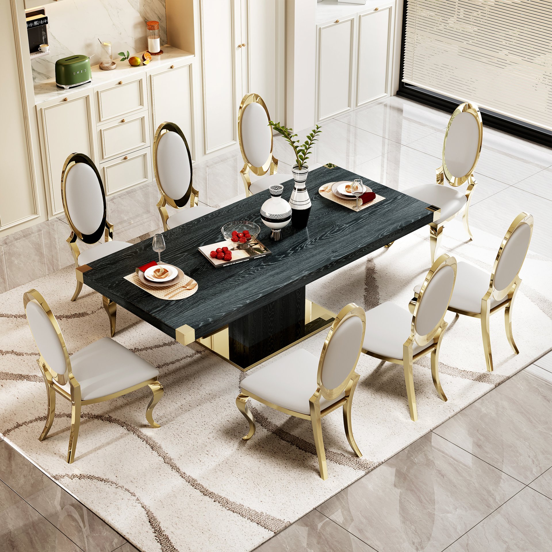 Top Dining Table With Gold Finish Corner, Pillar And Gold Finish Stainless Steel Base - Black - Image 5