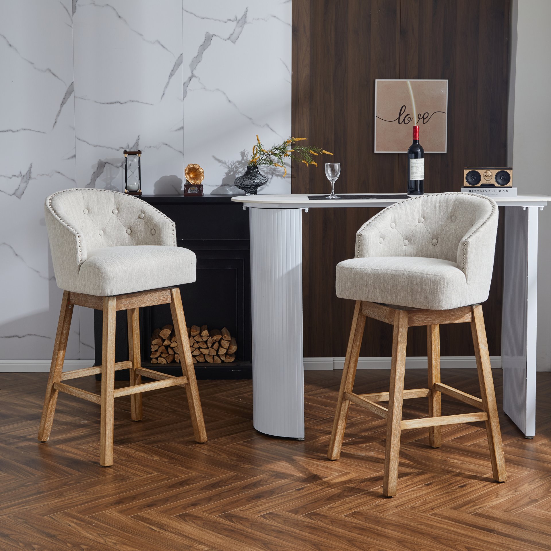 Swivel Counter Stools (Set of 2), Upholstered Counter Height Bar Stools With Solid Rubber Wood Frame, Backrest, Footrest, Armless Barstools For Home Bar, Kitchen Counter - Natural / Beige - Image 7