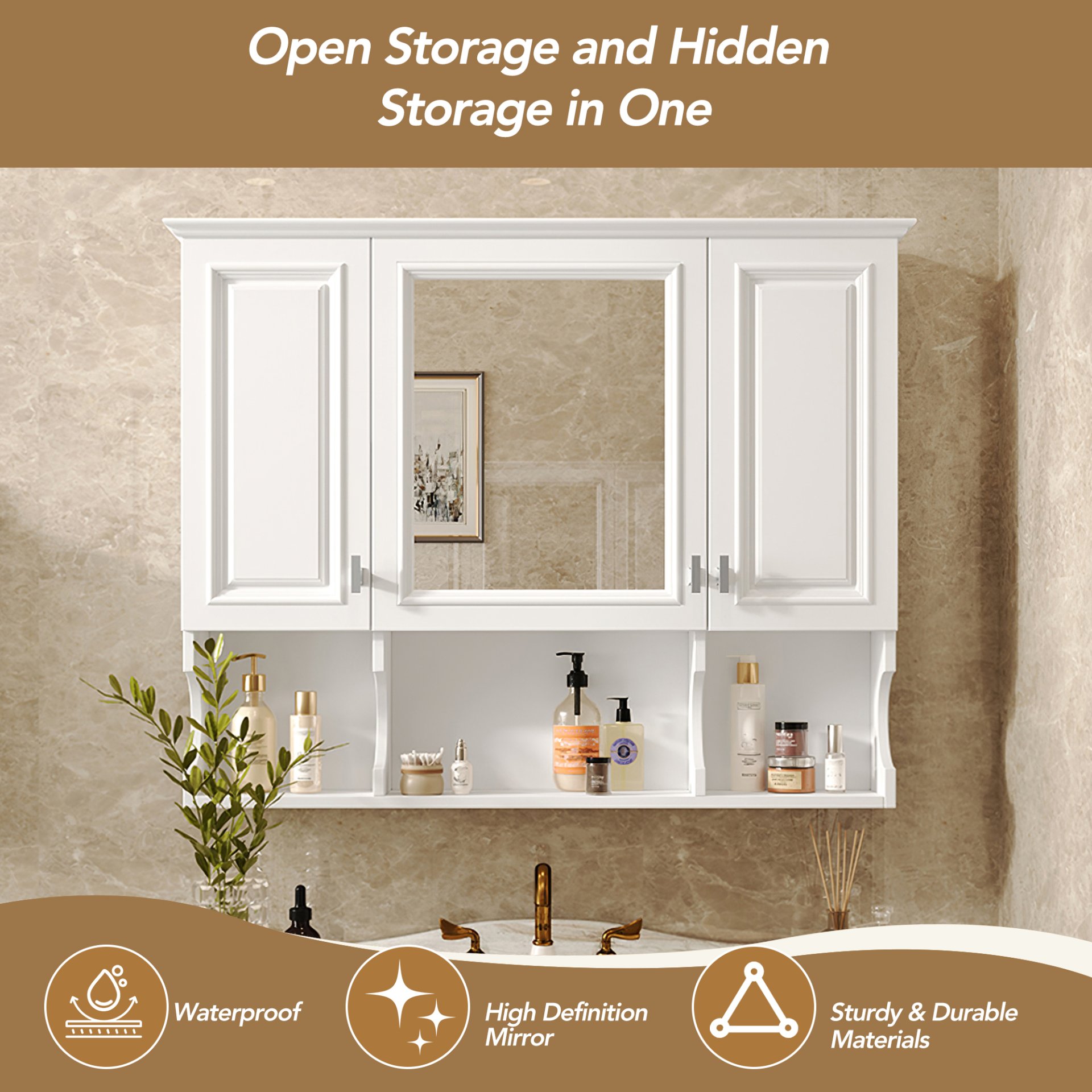 Wall Mounted Bathroom Medicine Cabinet, Modern Bathroom Wall Cabinet With Mirror, Mirror Cabinet With Open Shelves - White - Image 7