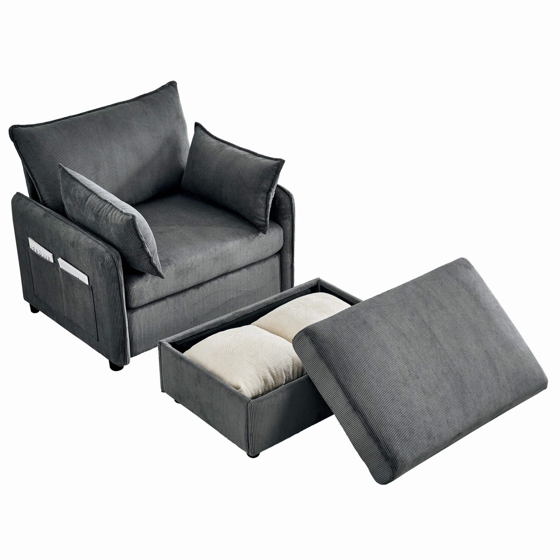 Comfy Corduroy Oversized Chaise Lounge Chair With Ottoman And Storage - Gray - Image 10