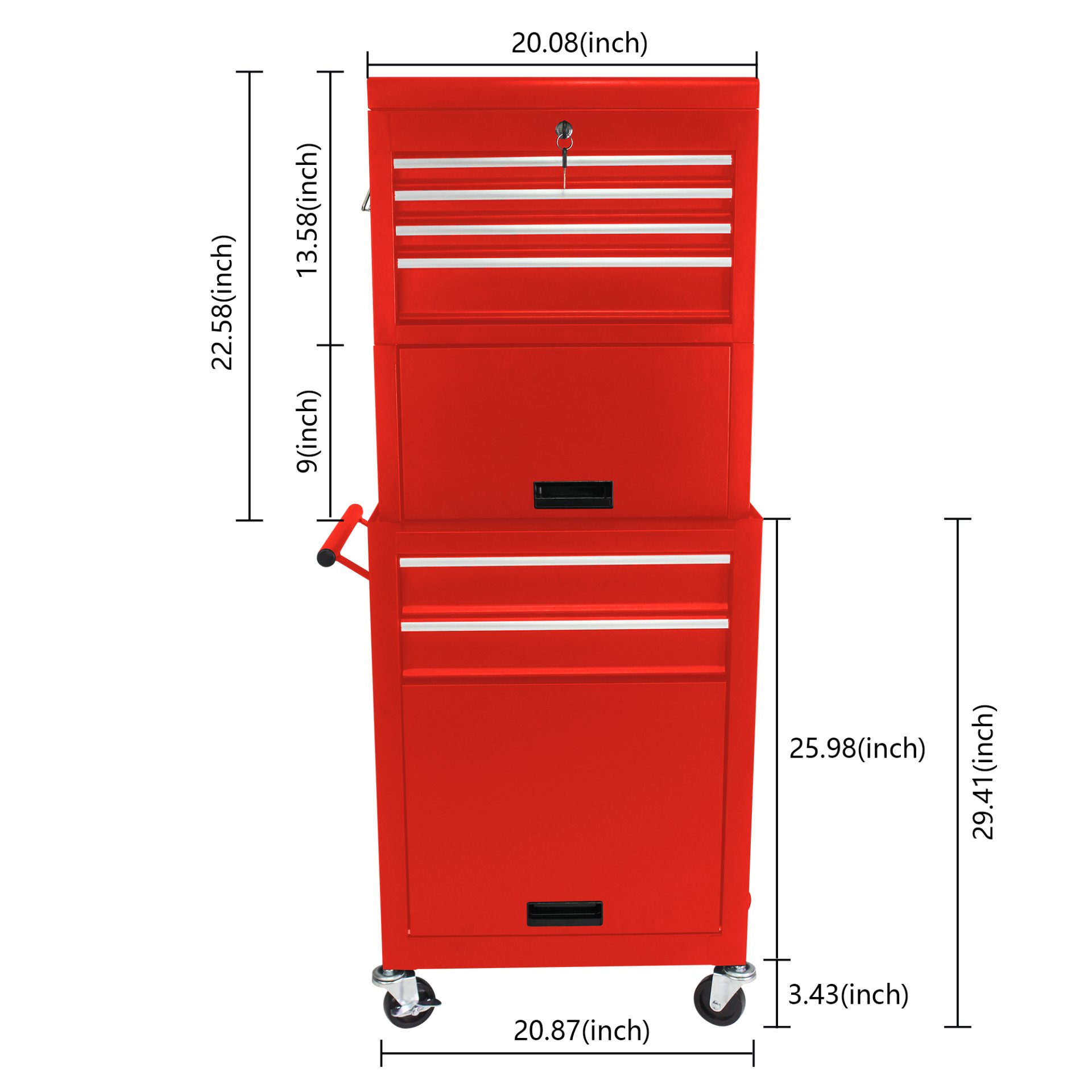 6 Drawer Lockable Tool Cabinet On Wheels Steel Rolling Tool Chest With Detachable Toolbox, 2 In 1 Garage Workshop Storage Organizer With 4 Universal Casters - Red - Image 3