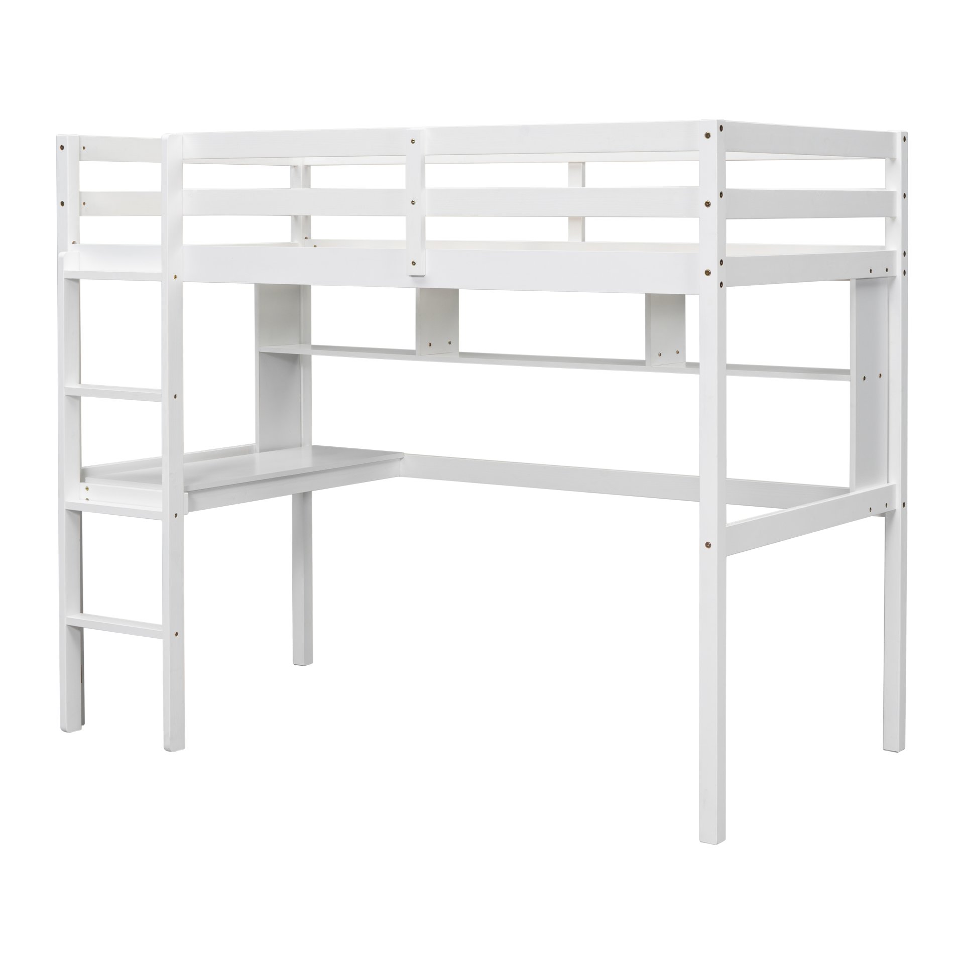 Twin Size Loft Bed With Desk And Shelves, Safety Guardrail And Ladder - White - Image 16