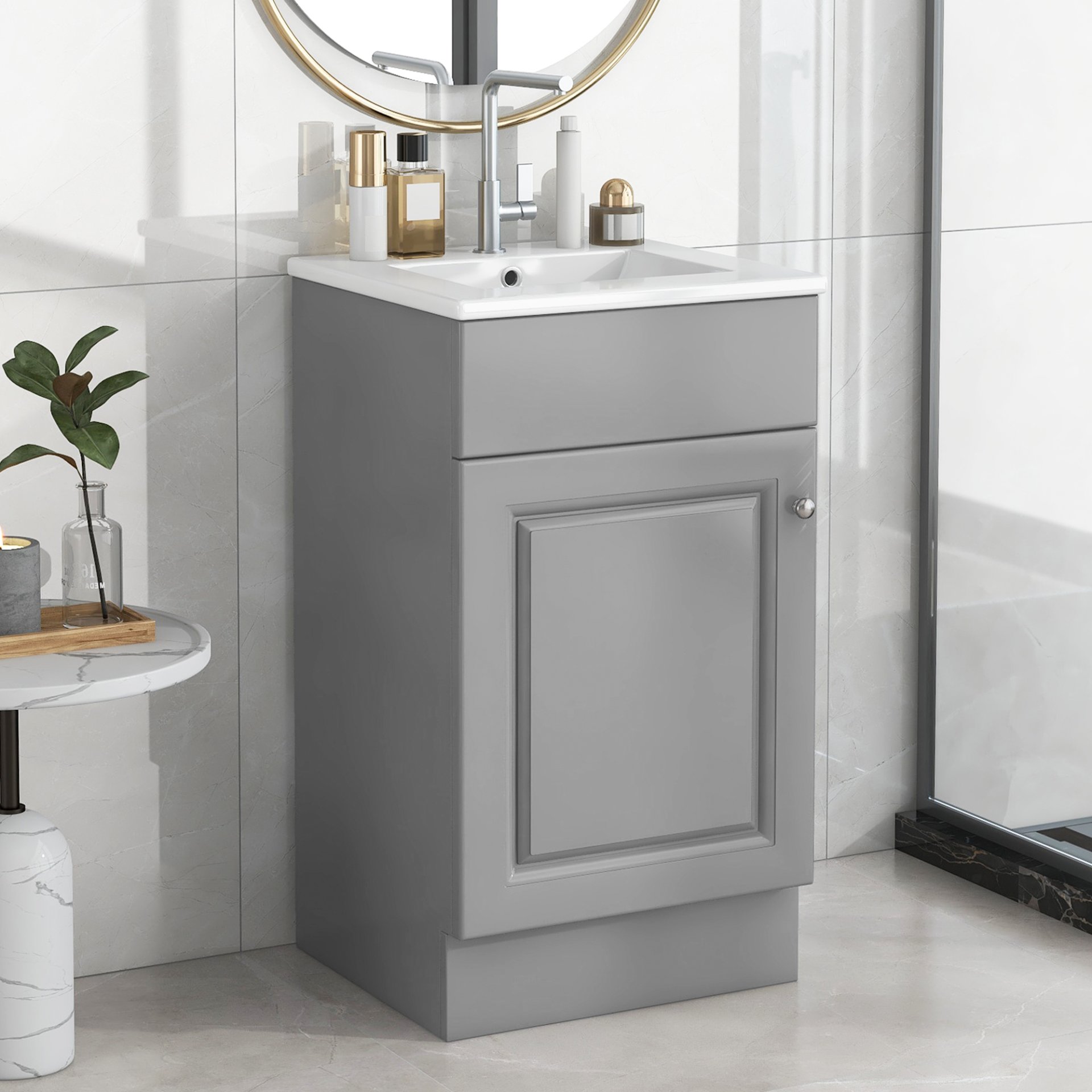 Bathroom Vanity With Sink, Vanity Cabinet With Door Shelf And Adjustable Shelf - Gray - Image 4
