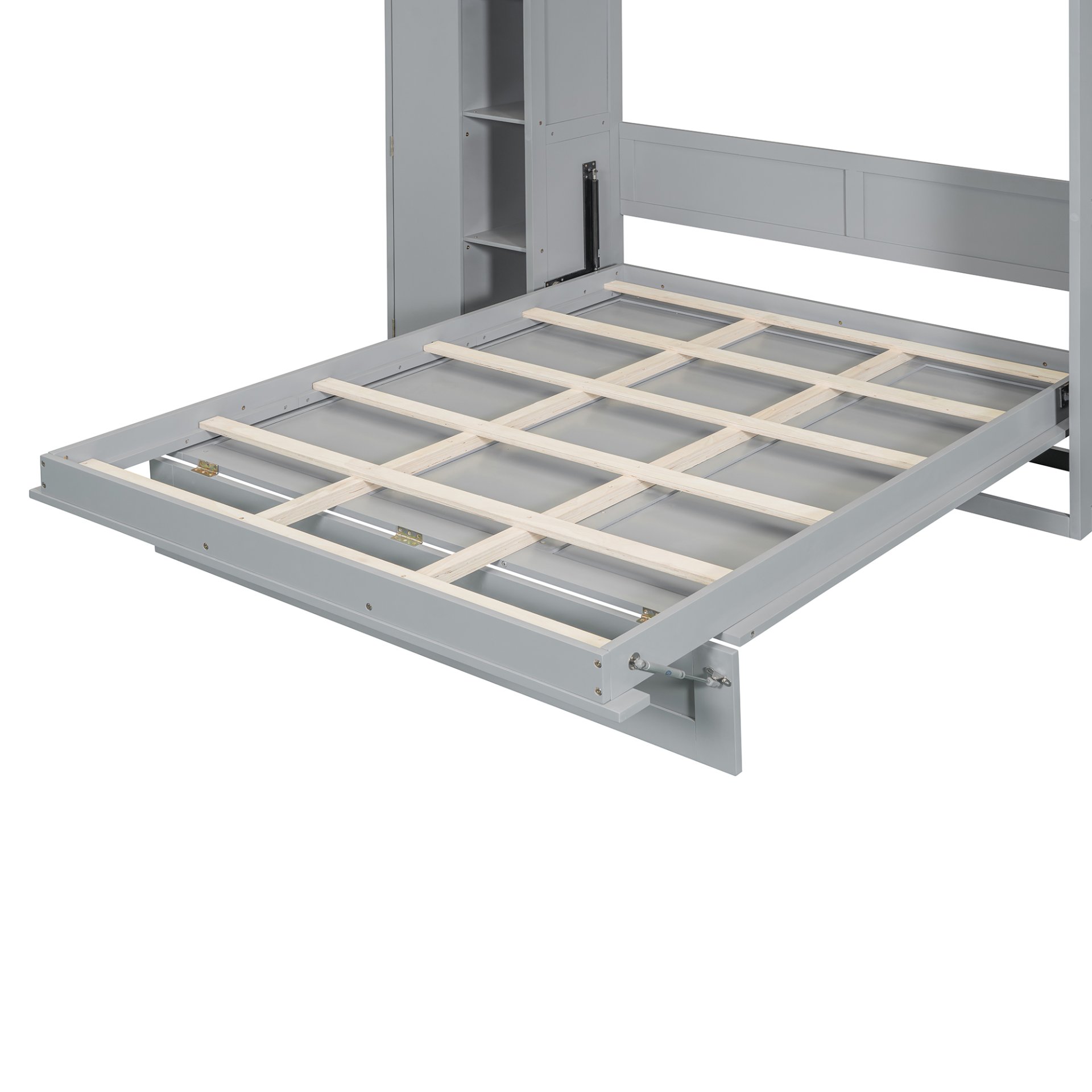 Full Size Murphy Wall Bed With Shelves, Wardrobe And LED Lights - Gray - Image 5