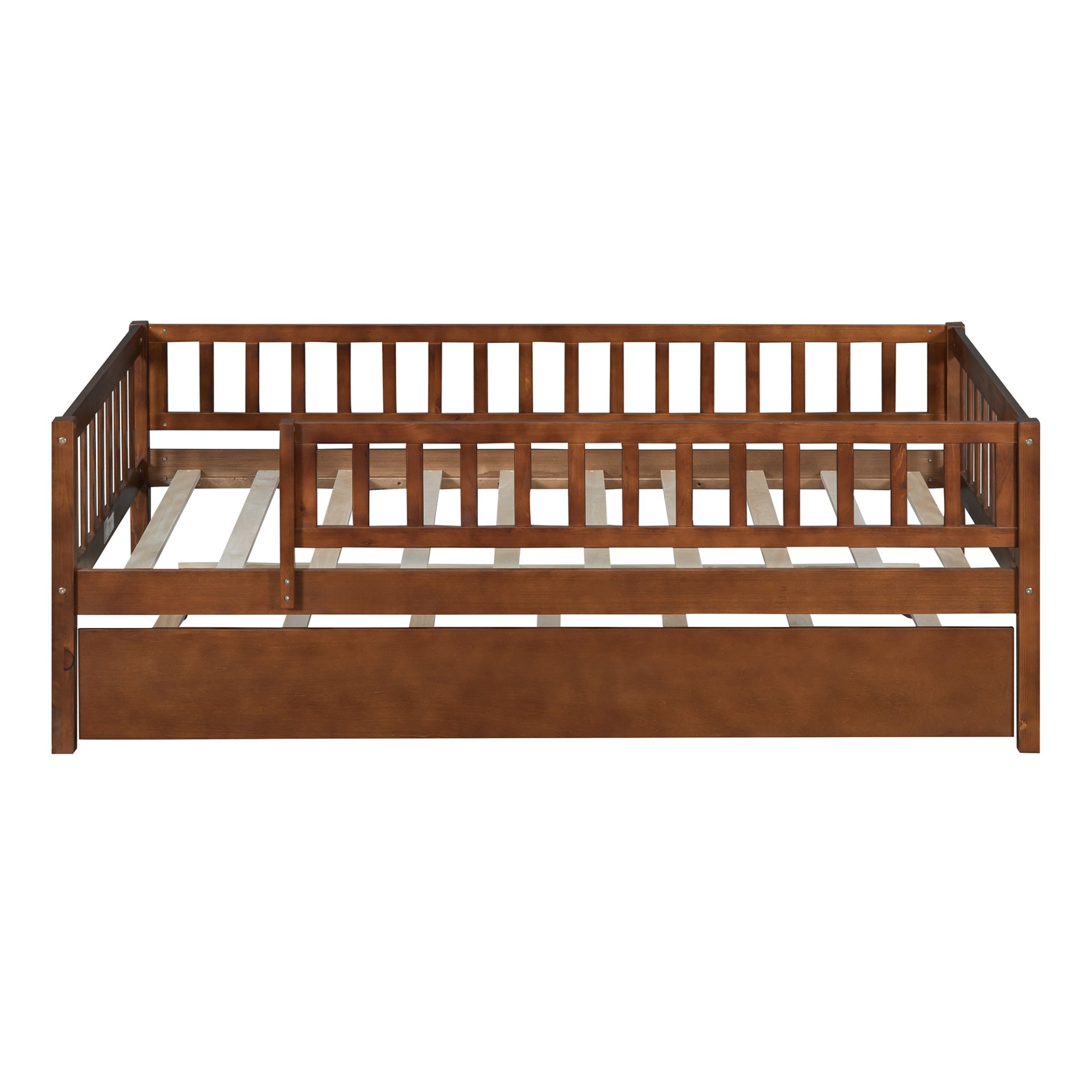 Twin Size Daybed With Trundle And Fence Guardrails - Walnut - Image 5