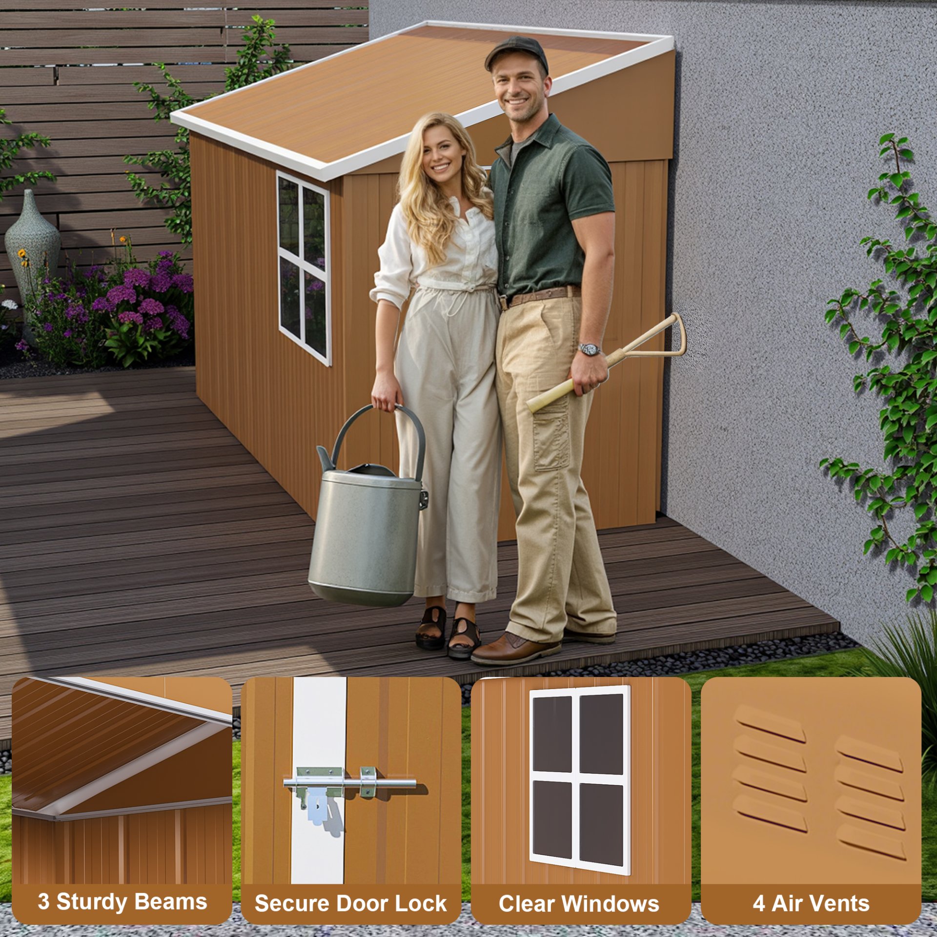 Heavy Duty Storage Shed With Double Doors And Ventilation Weatherproof Outdoor Garden Shed - Brown - Image 10