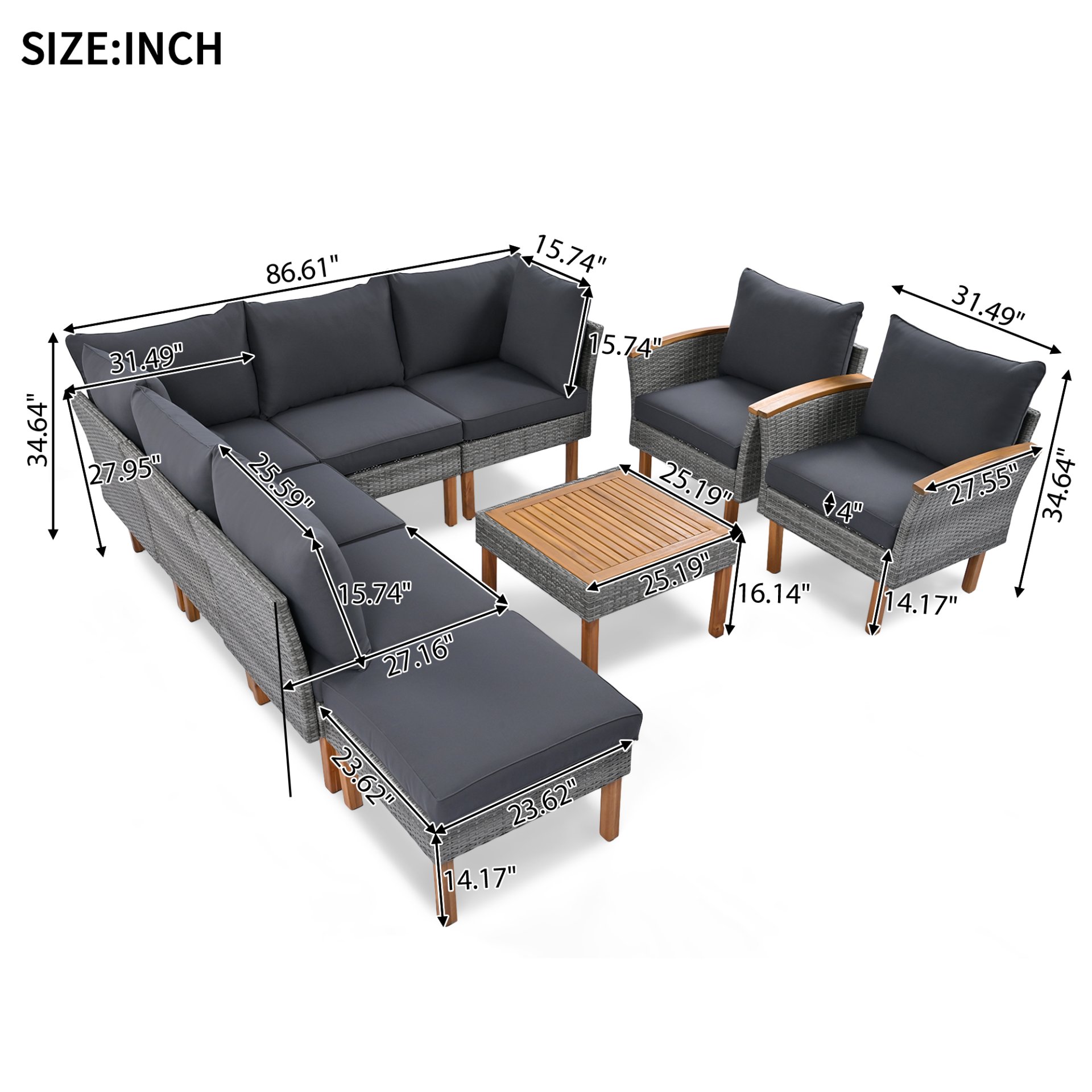 9 Piece Patio Rattan Furniture Set, Outdoor Conversation Set With Acacia Wood Legs And Tabletop, PE Rattan Sectional Sofa Set With Coffee Table, Washable Cushion - Gray - Image 3