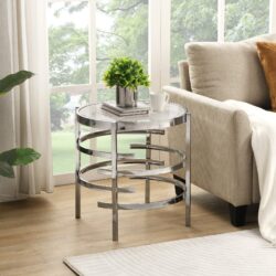 Modern Round End Table With Sintered Stone Top For Living Room - Chrome / Silver