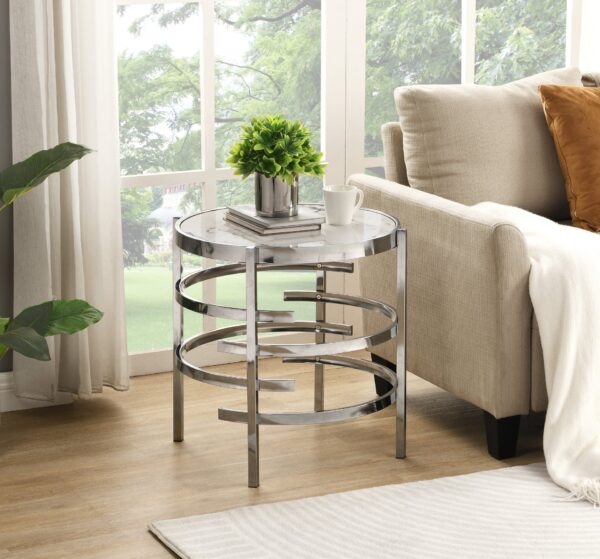 Modern Round End Table With Sintered Stone Top For Living Room - Chrome / Silver