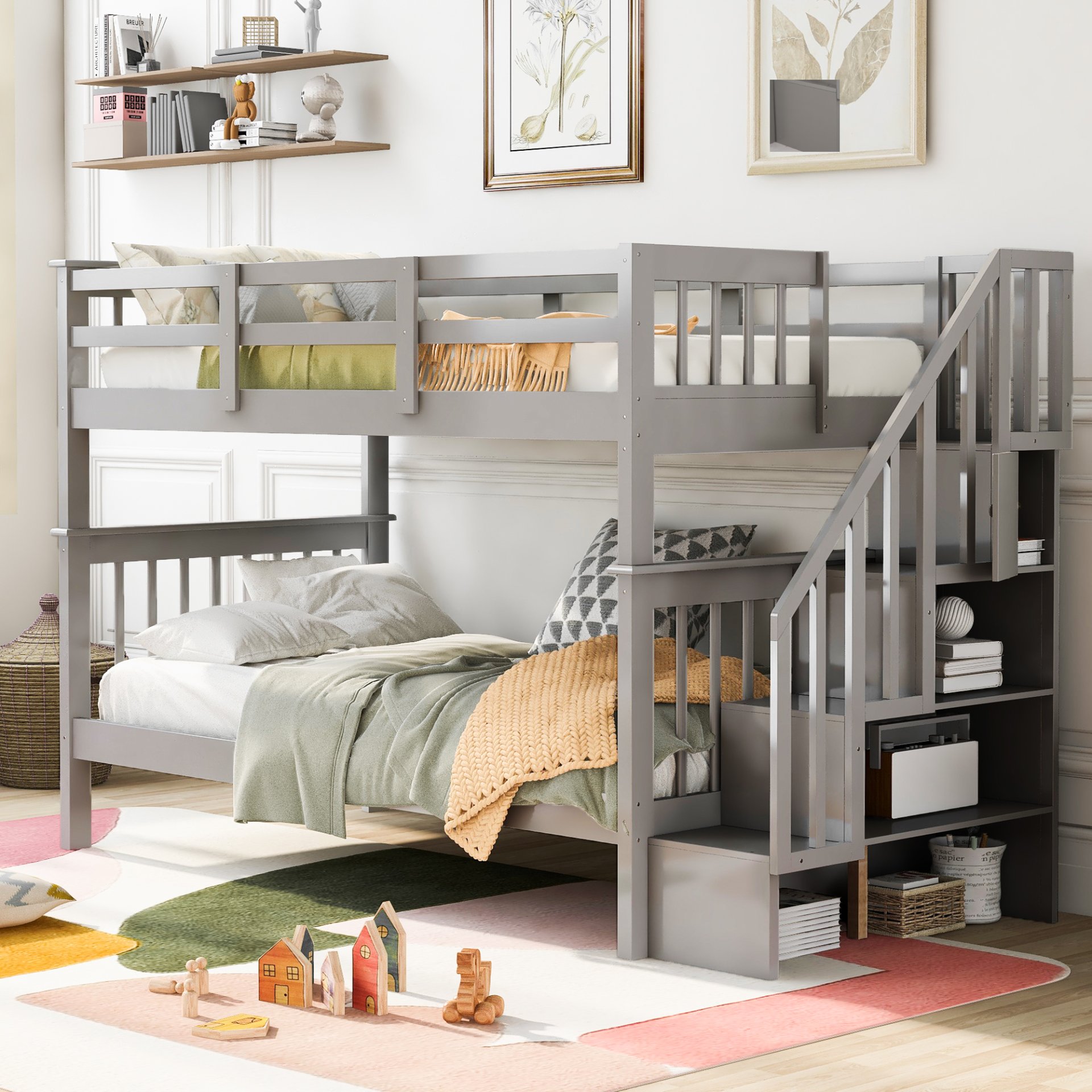 Stairway Twin Over Twin Bunk Bed With Storage And Guard Rail For Bedroom - Gray - Image 2