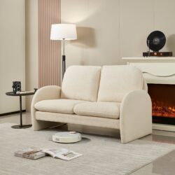 Loveseat Sofa Small Couch For Living Room, Sherpa Fabric Upholstered Loveseat Sofa Couch, Small Loveseat Sofa For Apartment, Bedroom - Beige