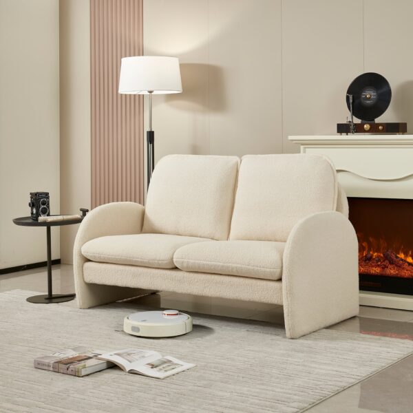 Loveseat Sofa Small Couch For Living Room, Sherpa Fabric Upholstered Loveseat Sofa Couch, Small Loveseat Sofa For Apartment, Bedroom - Beige