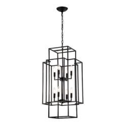 8 Light Metal Lantern Tiered Pendant Hanging Light Fixtures, Industrial Farmhouse Adjustable Height Chandeliers For Dining Room Hallway Foyer Entryway (E12 Bulbs Not Included) - Matte Black