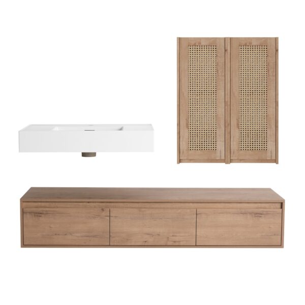Modern Wall Mounted Bathroom Vanity With Resin Sink And 2 Side Cabinet, Imitative , Construction - Imitative Oak