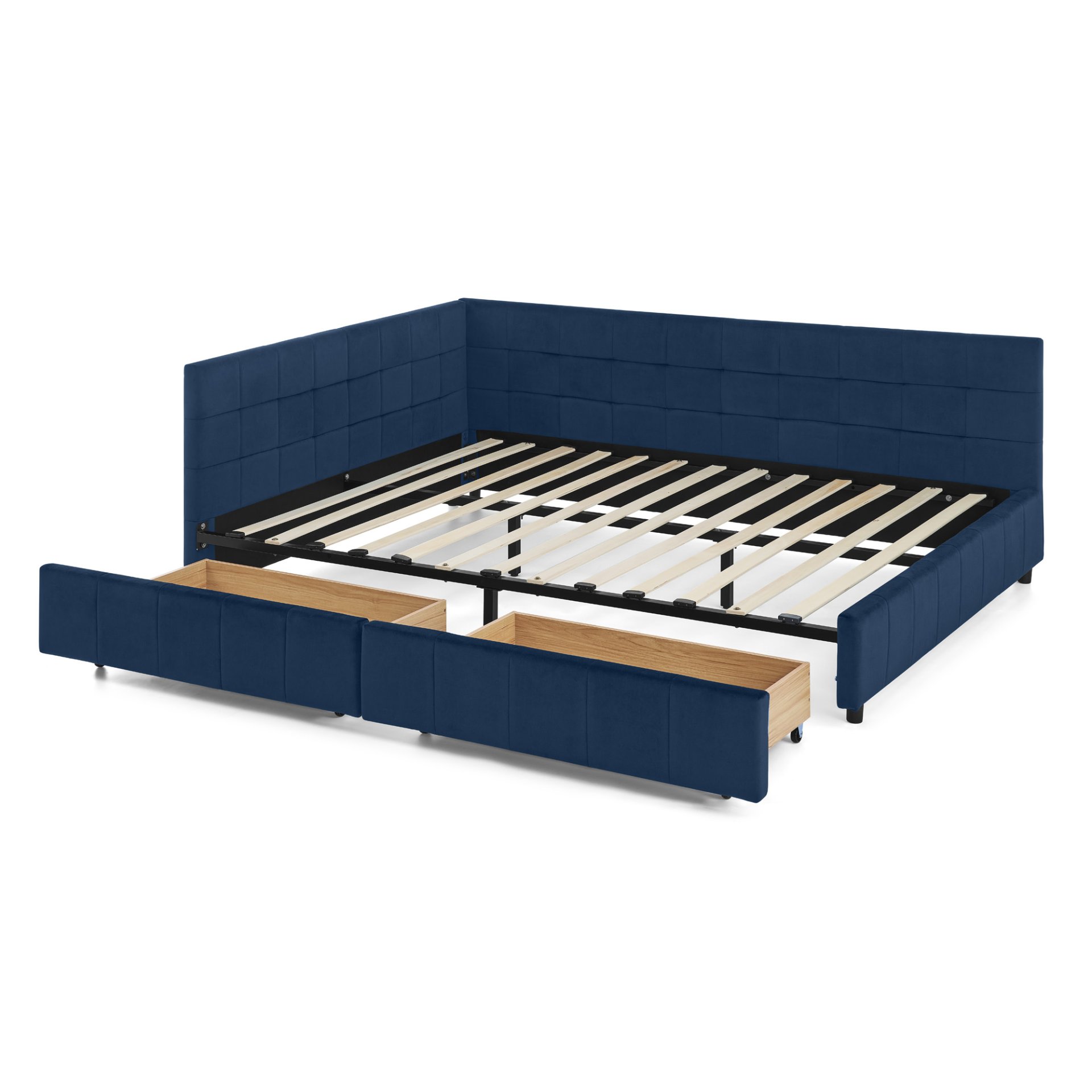 Queen Size Storage Upholstered Tufted Bed Frame, Comfortable Sofa Bed With Backrest And Armrests - Dark Blue - Image 11