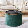 Classic Style 2 Piece Round Chenille Storage Ottoman Set With Drum Shaped Stool, Desktop - Dark Green - Image 6