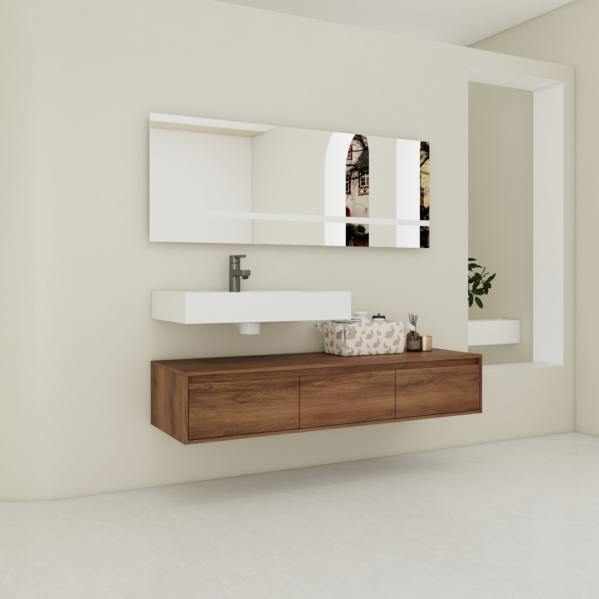 Modern Wall Mounted Bathroom Vanity With Resin Sink And Soft Close Drawer - Brown Ebony - Image 2